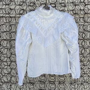 80s Gunne Sax Poets Blouse Ruffles Satin Lace Long Sleeve Modest White Size 5
